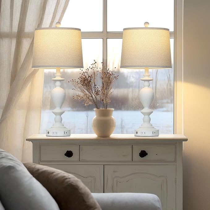 28" White Farmhouse Table Lamps Set of 2 with USB C+A Ports & AC Outlet for Vintage Living Room Rustic Bedroom,3-Way Dimmable Touch Lamp Retro Resin Bedside Lamps for Nightstand Side Table - Bloomnest