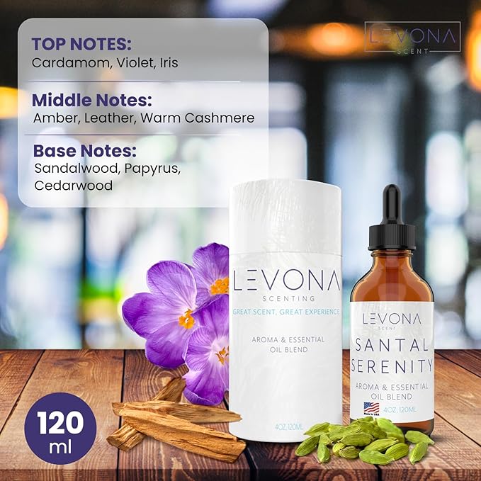 Levona Scent Santal Serenity Essential Oil: Notes of Sandalwood, Papyrus & Amber - Essential Oils for Hotel, Home and Office - Fragrance Oil for diffusers & Humidifiers - Home Luxury Scents-120 Ml LEVONASCENT