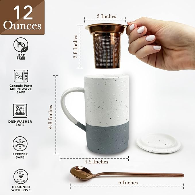 Mora Ceramics Tea Cup with Loose Leaf Infuser, Spoon and Lid, 12 oz, Microwave and Dishwasher Safe Coffee Mug - Rustic Matte Ceramic Glaze, Modern Herbal Tea Strainer - Great Gift for Women, Flint - Bloomnest