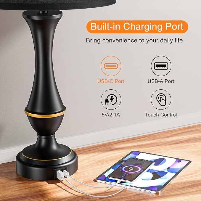 Seealle Upgraded Touch Lamps for Night Stands Set of 2 - Bedside Lamps with USB C+A, 3 Way Dimmable for Bedroom Living Room End Tables Office (Black) - Bloomnest