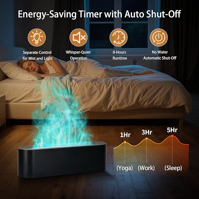 Essential Oil Diffuser, 180ml Flame Air Diffuser Humidifier, Ultrasonic Fireplace Aromatherapy Diffuser with 7-Color LED Light, 3 Timer, Auto-Off for Bedroom Home Room Decor & Gift - Bloomnest