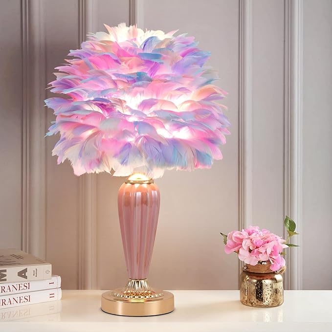 Colorful Feather Lamp Fluffy Table Lamp Furry Bedside Lamp Romantic Princess Lights Goose Feather Night Light for Bedroom Wedding Decor Valentines Dating Livingroom Hotel Office - Bloomnest