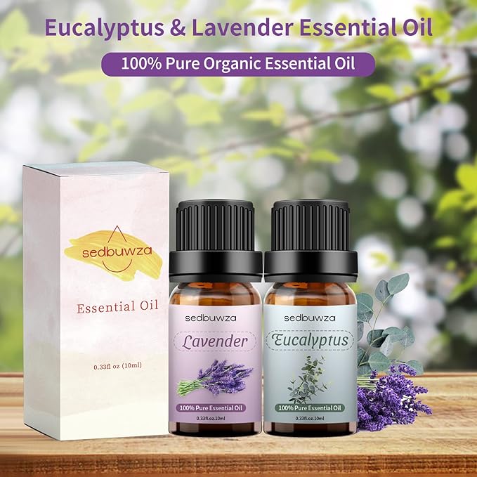 Sedbuwza Lavender Eucalyptus Essential Oil Set, Lavender Fragrance Oil Eucalyptus Scent Oil Set for Diffuser, Aromatherapy, Massage, Soap, Candle Making 2 x 10 ml Sedbuwza