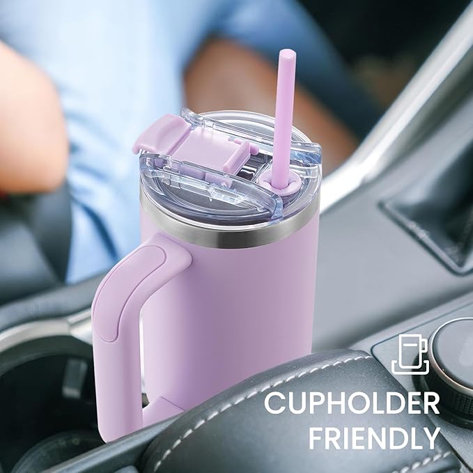 30 oz Tumbler with Handle, Tumbler with Lid and Straw, Double Wall Vacuum Insulated Travel Mug Stainless Steel Tumbler for Hot and Cold, Cupholder Friendly (Purple) - Bloomnest