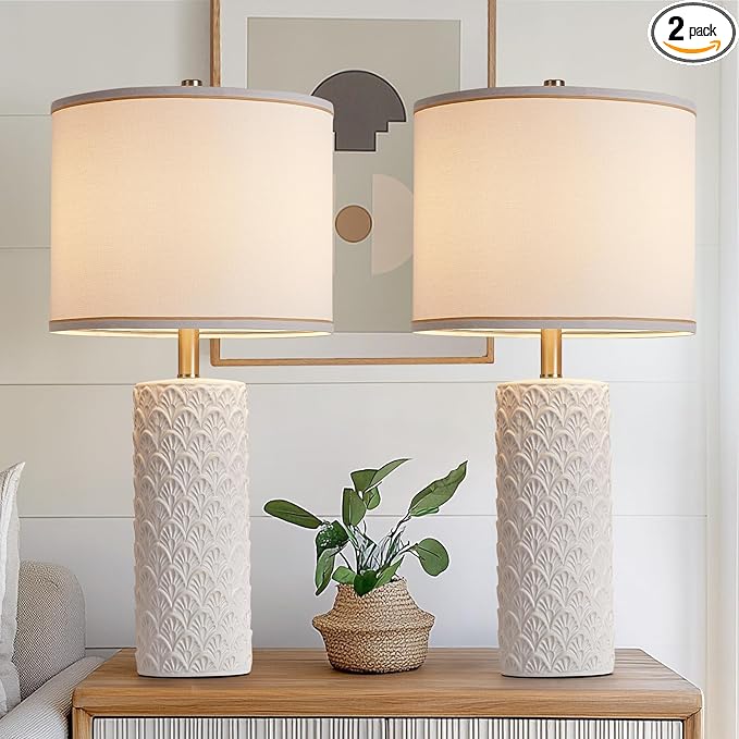27" Farmhouse Bedside Table Lamp Set of 2, White Modern Ceramic Lamps for Living Room, 3 Color Temperature Rustic Table Lamps for Bedroom, Night Stands, Dorm,Office, Home Décor (Bulb Included - Bloomnest