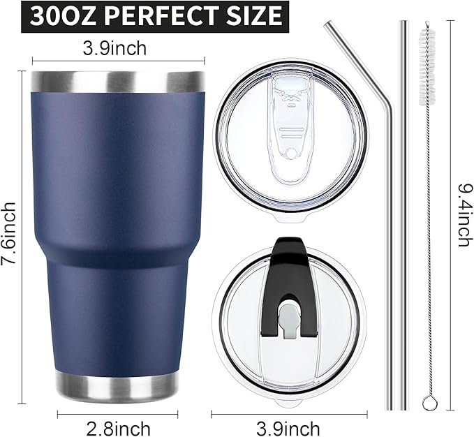 30 oz Tumbler with Lids and Straws Double Wall Vacuum Insulated Tumbler Cup,Stainless Steel Leak-proof Thermal Tumbler Powder Coated Travel Coffee Mug for Cold and Hot Drinks,Navy Blue - Bloomnest