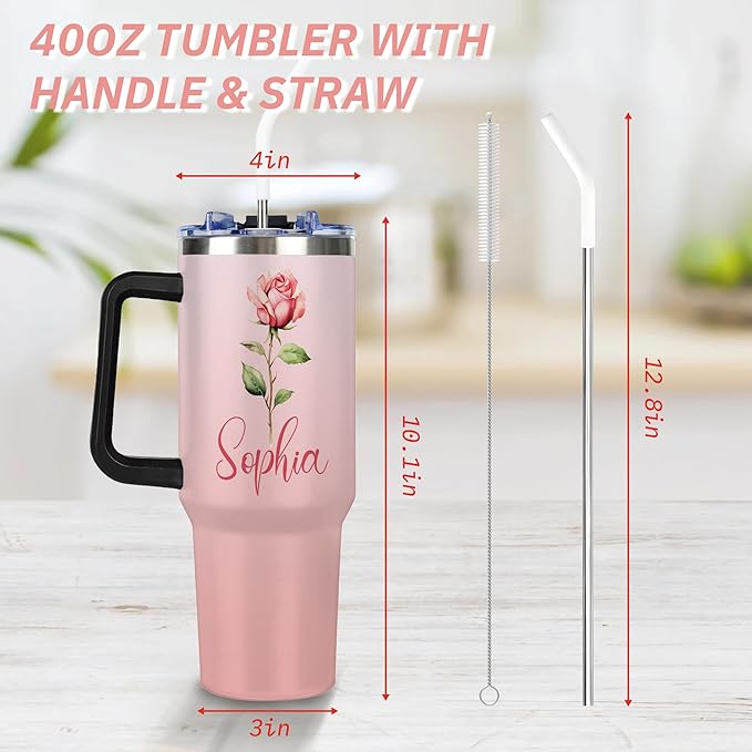 Personalized 40 Oz Tumbler with Handle and Straw Lid, Custom Cup with Name, Stainless Steel Travel Coffee Tumbler, Personalized Mothers Day Birthday Christmas Gifts for Women - Bloomnest