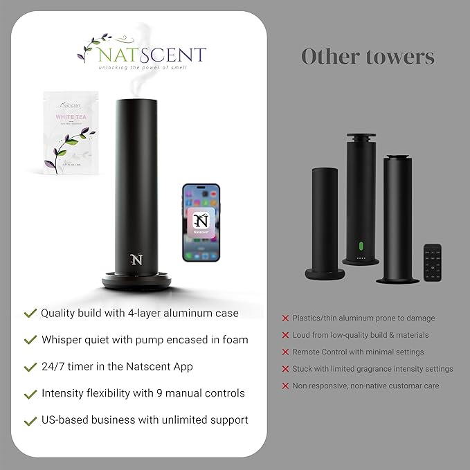 Dynamo Hotel Scent Diffuser – Cold-Air Essential Oil Diffuser for Home & Large Rooms up to 1000 sq ft, App & Manual Control, Hypoallergenic, Includes White Tea Fragrance Sample – Black - Bloomnest