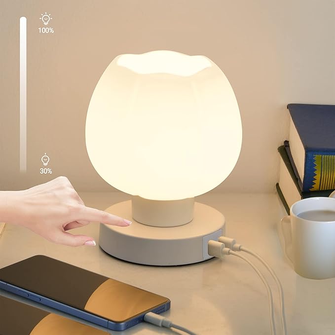 Touch Bedside Lamp, Mini Stepless Dimmable Table Lamps for Bedroom for Night Stands, Small Desk Lamp with Brightness Memory, USB Charging Ports, Warm LED Bulb, White, Flower Shape, 1 Set - Bloomnest