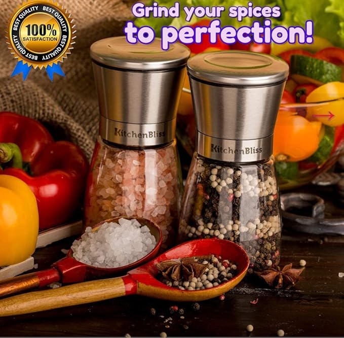 Professional Salt and Pepper Grinder Set – Premium Stainless Steel Salt and Pepper Shakers with Ceramic Spice Grinder Mill for Adjustable Coarseness - Added Bonus a Bamboo spoon and a Cleaning Brush. - Bloomnest