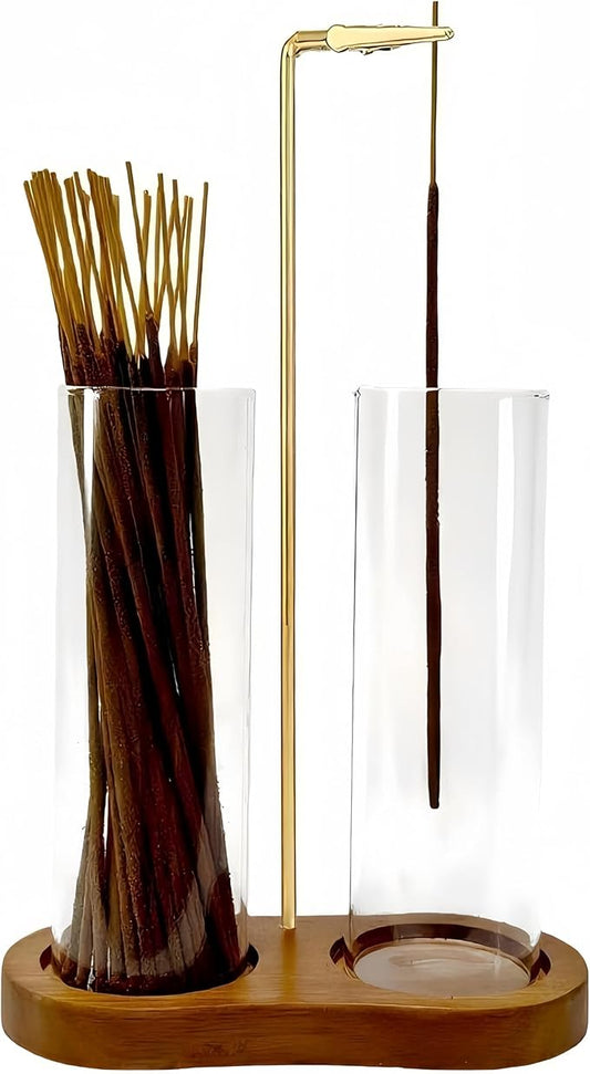 Glass Incense Holder,2 in 1 Incense Sticks Burner Holder with Storage,Hang Upside Down Incense Holder for Sticks with Glass Ash Catcher for Meditation Yoga Spa Room Decor (Brown) - Bloomnest
