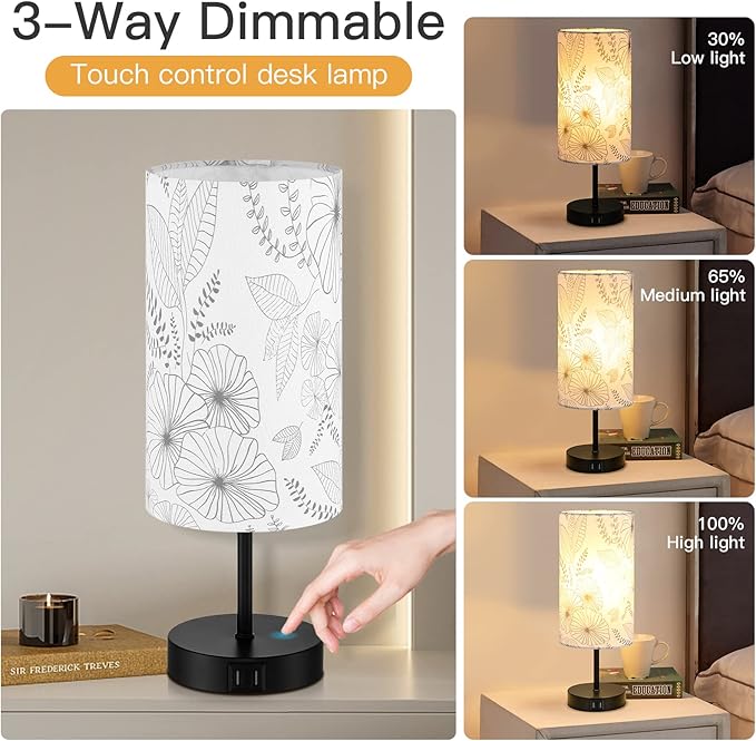 Touch Control Bedside Lamp with 2 USB Ports, 3-Way Dimmable Table lamp for Bedroom, Nightstand Lamp with Round Flower Fabric Shade for Living Room Home Office (E26 LED Bulb Included) - Bloomnest