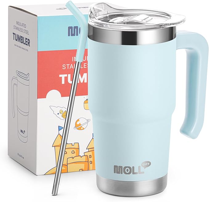 Travel Coffee Mug with Handle 16 oz Stainless Steel Double Wall Vacuum Insulated Tumbler Cup with Lid and Straw (Baby Blue) - Bloomnest
