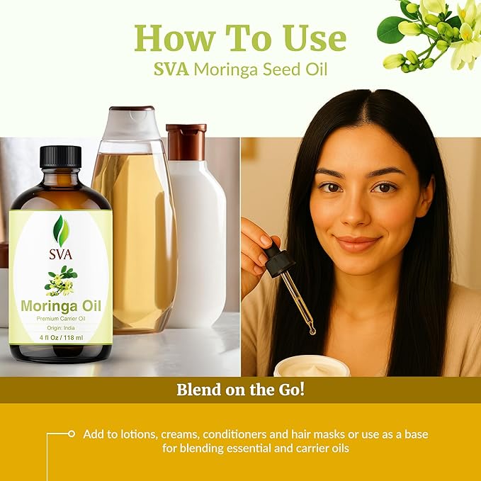 SVA Moringa Seed Oil - 4 Fl Oz – 100% Natural Cold Pressed Moringa Oil - for Face, Skin Care, Hair Care, Scalp Massage & Body Massage – Carrier Oil with Dropper - Bloomnest