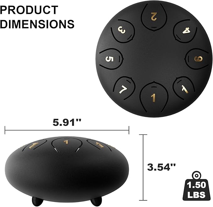 Steel Tongue Drum 6 Inch 8 Notes, Rain Drums for Outside C major, Hang Instrument, Handpan for Kids, Ethereal Hand Pan for Meditation Yoga Musical Education, Black - Bloomnest