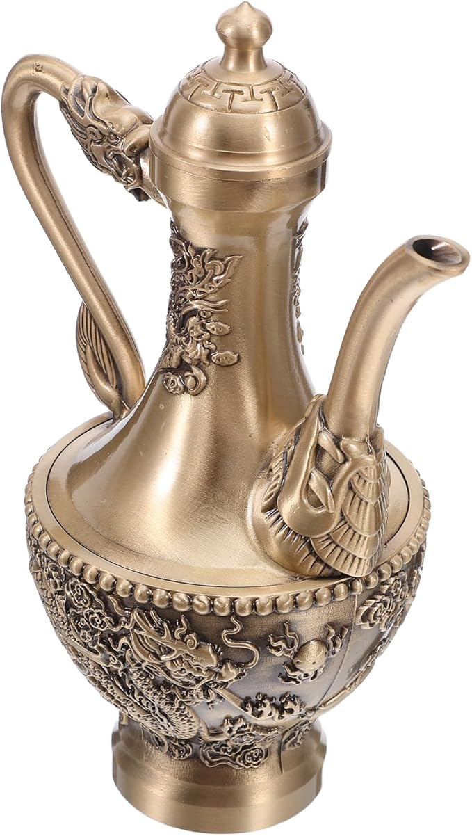 LOGOFUN Vintage Dragon Embossed Brass Tea Pot 300ml Chinese Retro Kettle for Coffee Serving Decor - Bloomnest