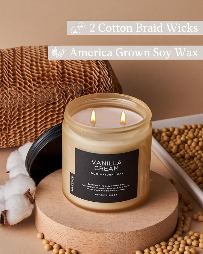 M&SENSE Vanilla Soy Candles, Medium 2 Wick 11.6oz 70 Hours Burning Time, All Natural Organic Soy Wax, Relaxing Aromatherapy Scented Candle, Housewarming Gift for Women and Men - Bloomnest