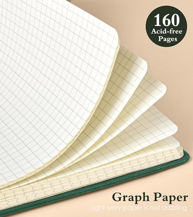 Graph Notebook for Women Men, 160 Pages Grid Paper, Graphing Notebooks for School, Work, Quad Ruled, Inner Pocket, A5 Hardcover Vintage Leather Journals for Writing, 5.8"x8.5" (Green) - Bloomnest