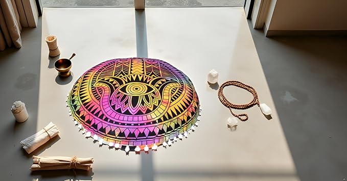 CRAFT KALA Boho Large Floor Pillow Pouf Cover Mandala Meditation Room Pillow Cover for Adults Round Bohemian Seating Pouf Cushion Cover for Kids Playroom 22" Multi Hamsa - Bloomnest