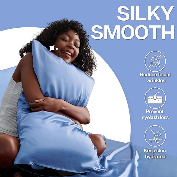 MR&HM Satin Pillowcase for Hair and Skin, Silk Satin Pillowcase 2 Pack, King Size Pillow Cases Set of 2, Silky Pillow Cover with Envelope Closure (20x36, Sky Blue) - Bloomnest