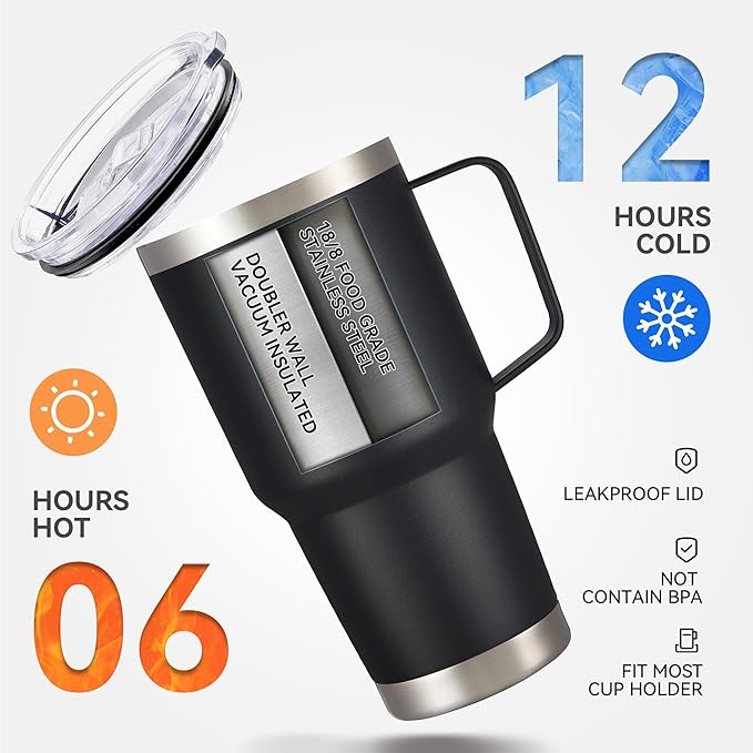 30 oz Tumbler with Handle and Lid, Stainless Steel Tumblers Double Wall Vacuum Insulated Travel Mug Leak Proof Cup Keep Drinks Cold and Hot Black, 1 Pack - Bloomnest