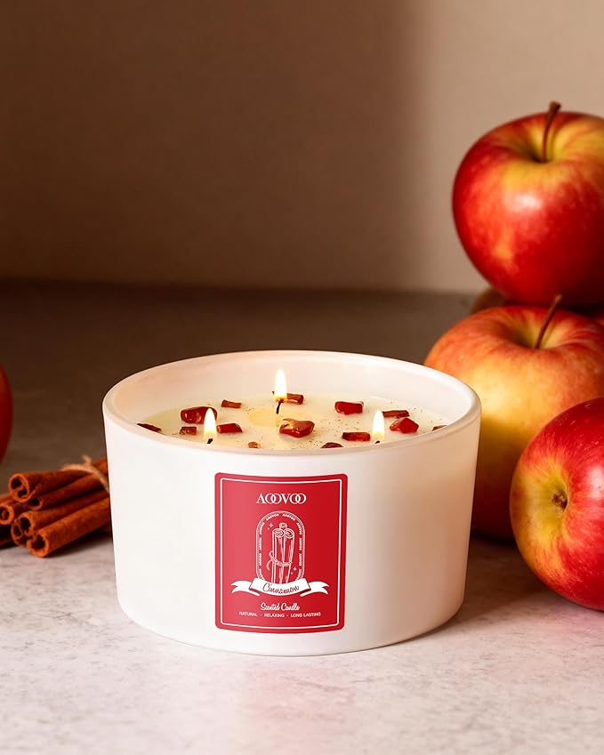 AOOVOO Apple Cinnamon Scented Candles for Women - 20oz 3 Wick Soy Candles for Home Scented, Aromatherapy Candle with Crystals Inside, Birthday Gifts Christmas Candle for Women Mom - Bloomnest