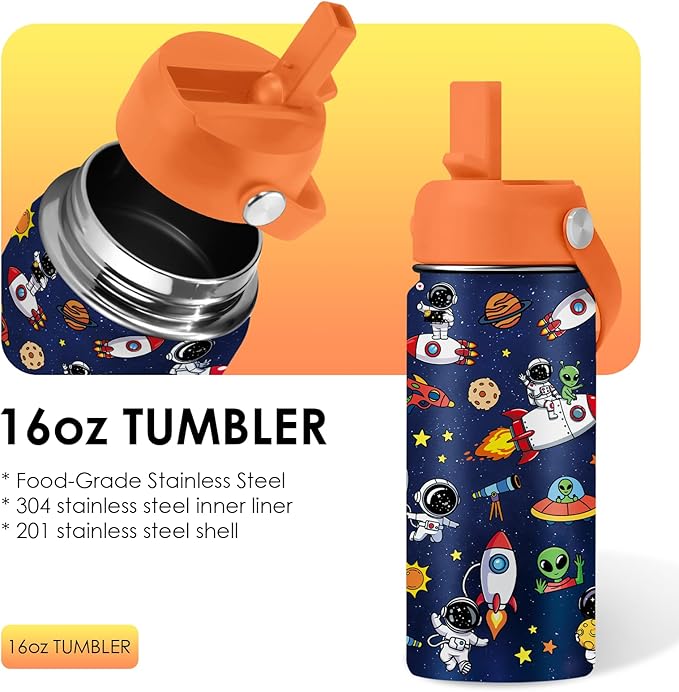 Space Astronomy Gifts for Kids - 16 Oz Kids Water Bottle with Straw Lid, Stainless Steel Insulated Tumbler, Leak Proof, BPA-Free, for Boys, School, Travel - Universe Children Birthday Gifts Cups(1pc) - Bloomnest