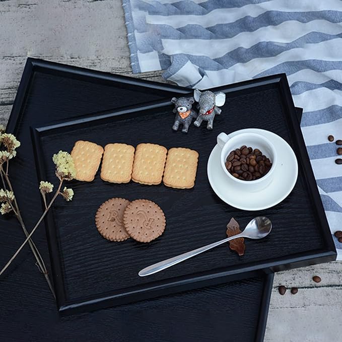 22 x 18 Inches Extra Large Solid Wood Serving Tray for Tea Coffee Table Snack Food Meals Serving Plate Kitchen Party Bar Breakfast Server with Raised Edges Black Wooden Decorative Ottoman Tray - Bloomnest