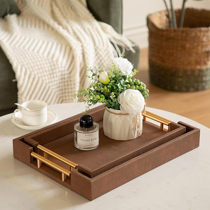 Set of 2 Decorative Tray Brown Shagreen Leather Tray, Modern Rectangle Serving Trays with Gold Polished Metal Handles, Ottoman Coffee Table Perfume Kitchen Trays Home Decor - Bloomnest