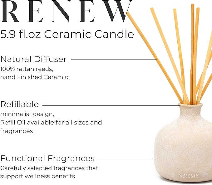BLUEME Renew-Ivy & Rose, 5.92 Fl Oz Wellness Diffuser, Contains Essential Oil, Sustainable, Hand Finished, Premium, Luxury Ceramic, Natural Rattan Reeds - Bloomnest