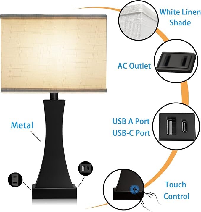 Set of 2 Touch Control Table Lamps 21.6" 3-Way Dimmable Bedside Nightstand Lamp with Type C/USB Charging Port & Outlet Desk Lamp for Living Room Bedroom Office and Hotel Bulb Included - Bloomnest