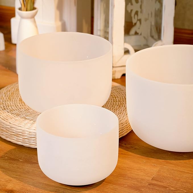 KVKA Set of 3pcs Chakra Frosted Quartz Crystal Singing Bowls Set 8-12 inch with Carrying Case - 12''C 10''F 8''B for Yoga Sound Healing