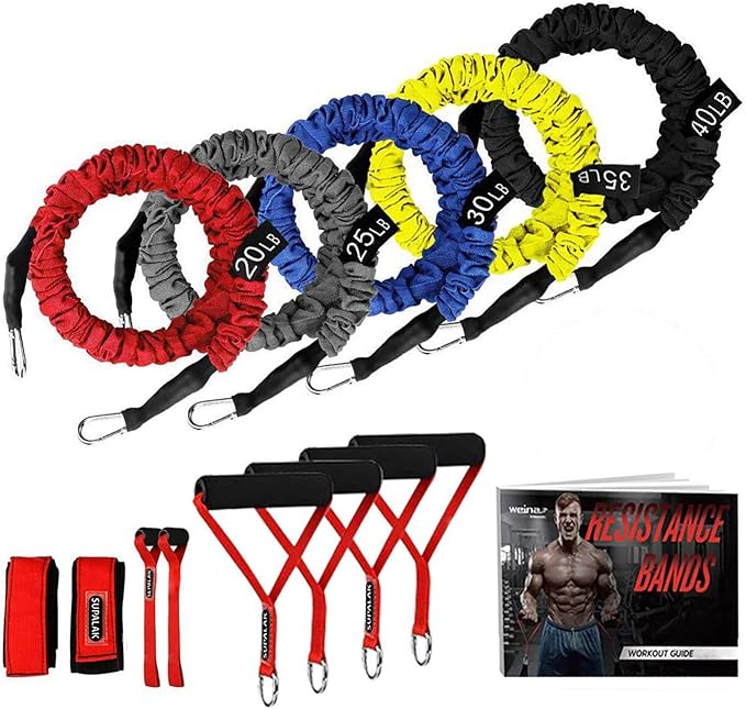 Resistance Bands, 15 Pieces Exercise Elastic Bands Set, 20lbs to 40lbs Resistance Tubes with Heavy Duty Protective Nylon Sleeves Anti-Snap for Fitness SUPALAK - Bloomnest