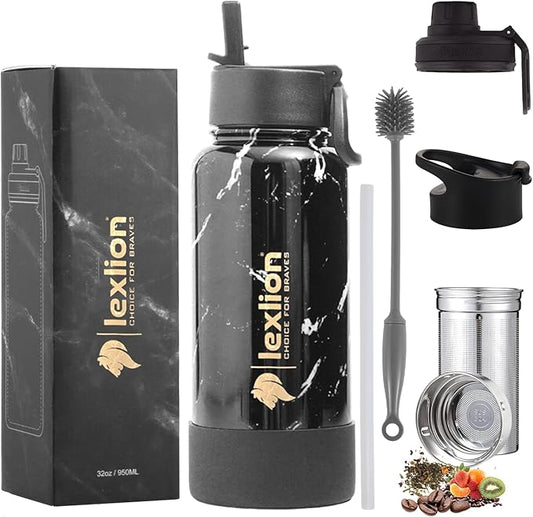 Lexlion Tea Infuser Water Bottle 32 Oz – Triple Wall Insulated Stainless Steel, Loose Leaf & Fruit Strainer, 3 Leakproof Lids, BPA-Free Silicone Sleeve, Reusable Thermal Mug - Bloomnest