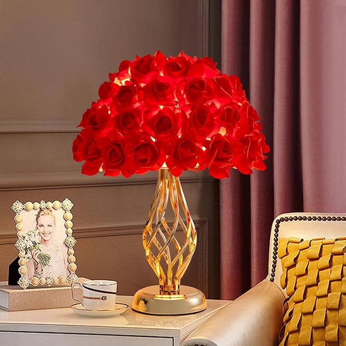 Red Rose Flowers Lamp Artificial Flower Table Lamp Bouquet Desk Lamp Romantic Princess Nightstand Petal Light for Valentines Mother's Day Bedside Lamp Wedding Deco Party Home Bedroom - Bloomnest