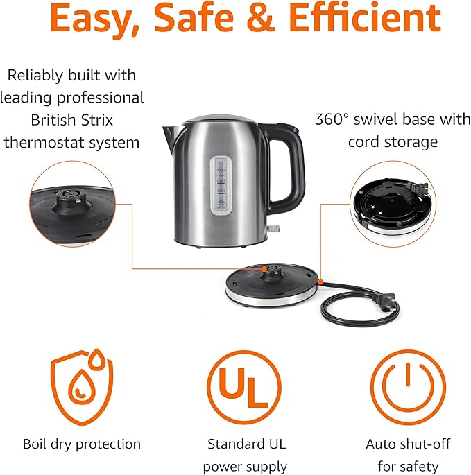 Amazon Basics 1.1Qt (1L) Electric Kettle, Tea Kettle & Water Boiler, with Auto Shut-Off, Boil Dry Protection, High-Safety Strix Thermostat, BPA-Free, 1500W, Stainless Steel, New Model, Black & Silver - Bloomnest
