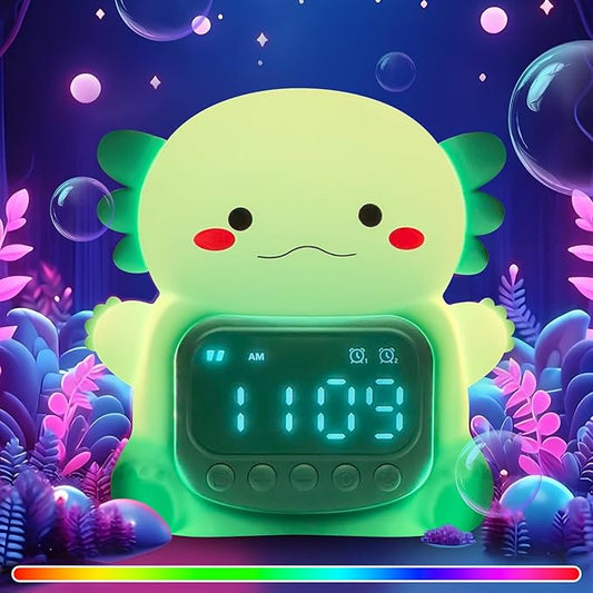 Axolotl Alarm Clock with Night Light for Kids, Rechargeable Silicone Lamp Time to Wake Clock Cute Animal Tabletop Lamp, Perfect Sleep Companion for Boys Girls, Green - Bloomnest