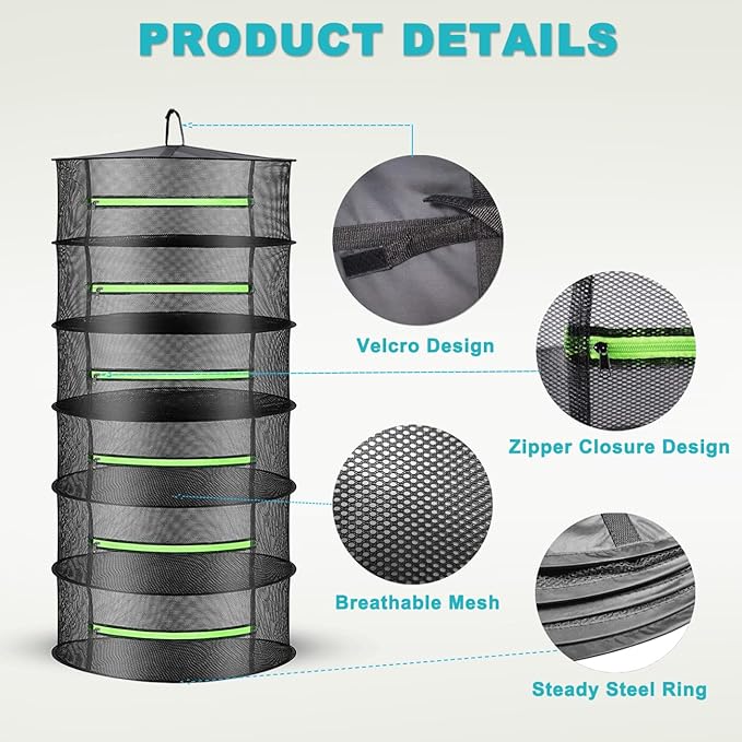 Layer 2ft Herb Drying Rack Hanging Mesh Net with Green Zippers,Bonus Hook Drying Rack Herbs for Plant Bud Seed,Herb Dry Net for Garden(6 Layer, Zipper Type) - Bloomnest