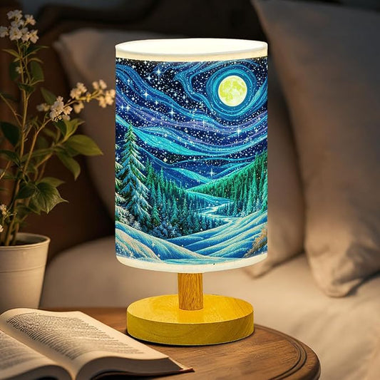 Snowy Pine Forest Table Lamp LED 3-Color Pressed Bedside for Merry Christmas, Snowy Pine Forest Shade Christmas Table Lamp with Wood Base for Bedroom Living Room Desk Office - Bloomnest