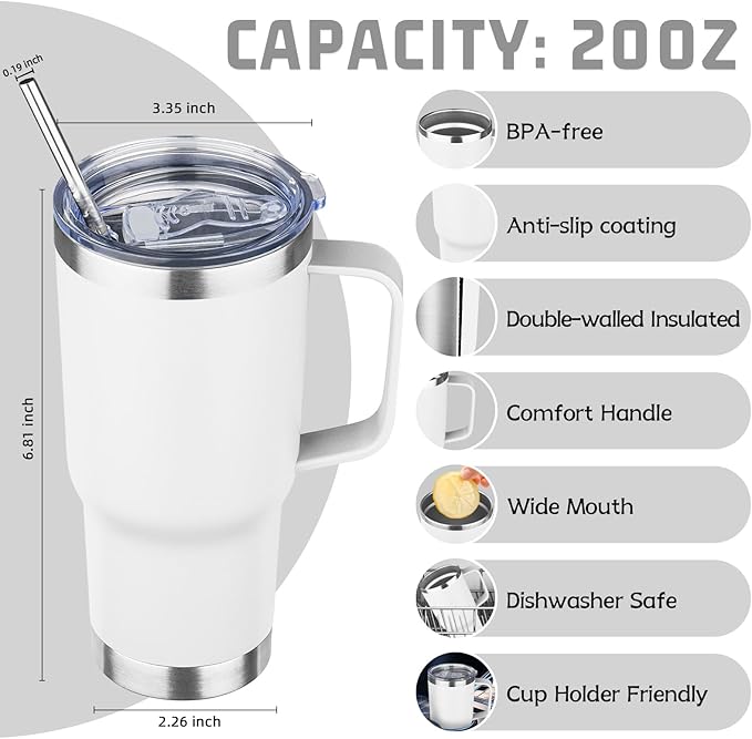 20 oz Tumbler with Handle Stainless Steel Insulated Coffee Mug Tumbler with Lid and Straw Double Wall Vacuum Insulated Coffee Mug Leak Proof Travel Mug Tumbler for Hot and Cold Drink (White,4pack)