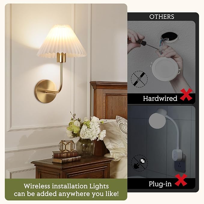 Wireless Wall Sconce Sets of 2, Pleated Shades Rechargeable Battery Operated Wall Sconce, Retro Industrial Gold Wall Lights Bathroom Vanity Sconces, Wall Mounted Lamps for Bedroom Living Room Kitchen - Bloomnest