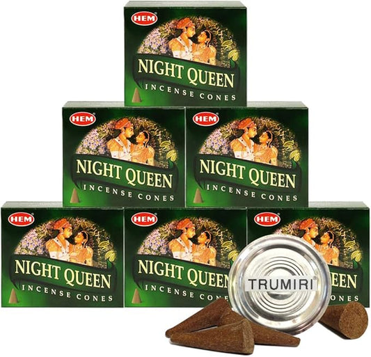 TRUMIRI Incense Cone Holder Bundle with Hem Night Queen Incense Cones - Pack of 6 (Approx 60 Cones) TRUMIRI