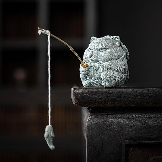 Exquisite Sandstone Warrior Cat Incense Holder (2.16”*2.36”) with Free Fishing Rod and Fish, Plus Bamboo Mat Cushion (7.28”*3.34”) (Sandstone Cat) - Bloomnest