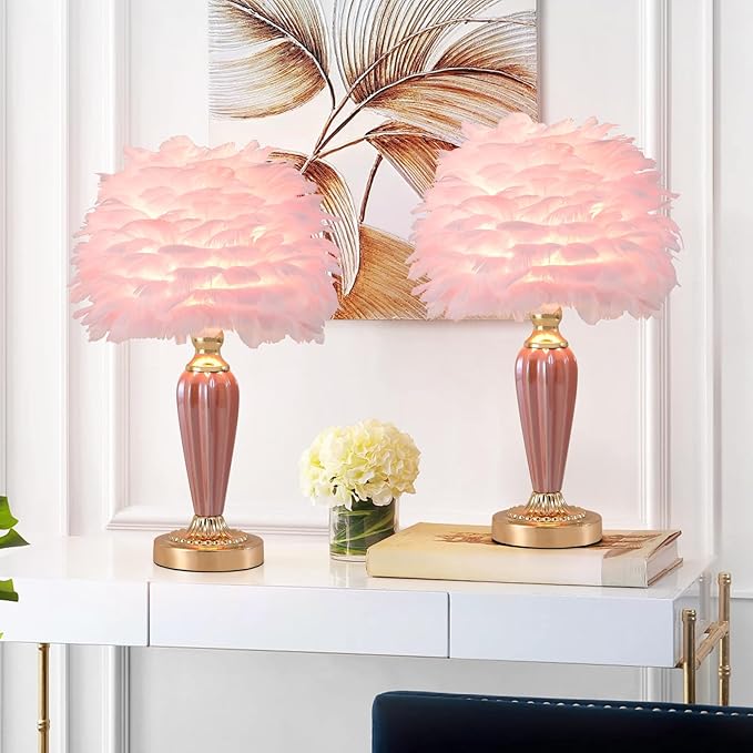 Pink Feather Lamp Creative Bedside Lamp Feather Table Lamp Cute Furry Goose Nightstand Light for Girl Bedroom Wedding Decor Living Room Hotel Office Valentines Dating Gift - Bloomnest