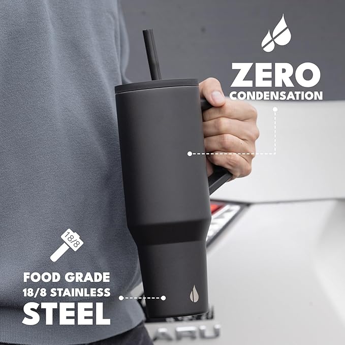Elemental 40 oz Tumbler with Handle and Straw - Spill Proof Insulated Stainless Steel Commuter for Hot and Cold Beverages - Travel Coffee Mug with 2 Straws & Spill Proof Lid - 40oz - Black - Bloomnest