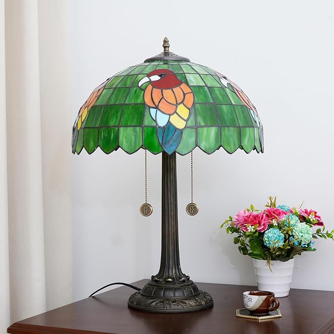 Tiffany Table Lamp Green Stained Glass Parrot Style Bedside Lamp 16X16X23 Inches Desk Decor Light Classic Farmhouse Reading Table Lamps for Home Office - Bloomnest
