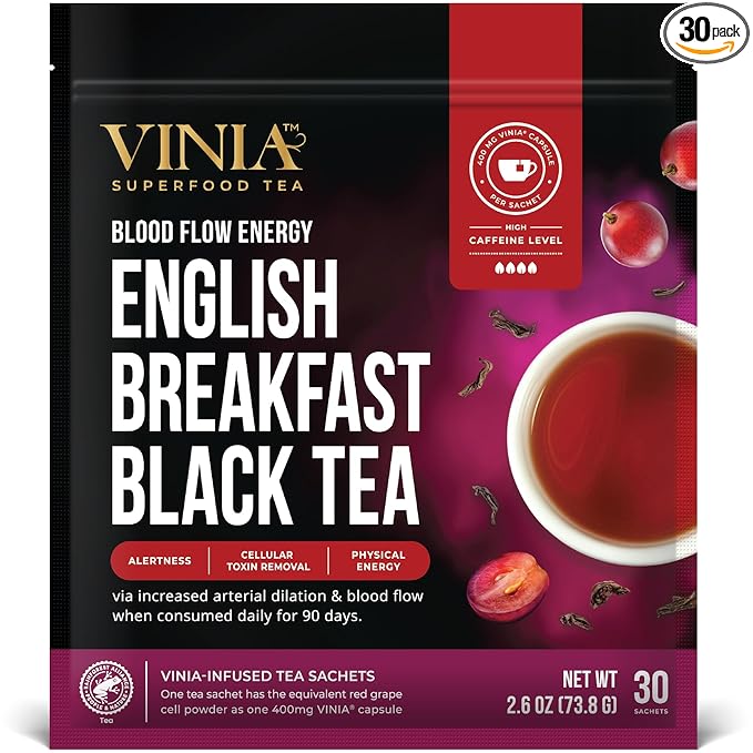 VINIA English Breakfast Black Tea Bags, Made with Organic Tea, Infused with Piceid Resveratrol for Heart Health, Nitric Oxide, Physical Energy, Alertness, Blood Flow, Keto, Kosher, NON-GMO. 30 Ct - Bloomnest