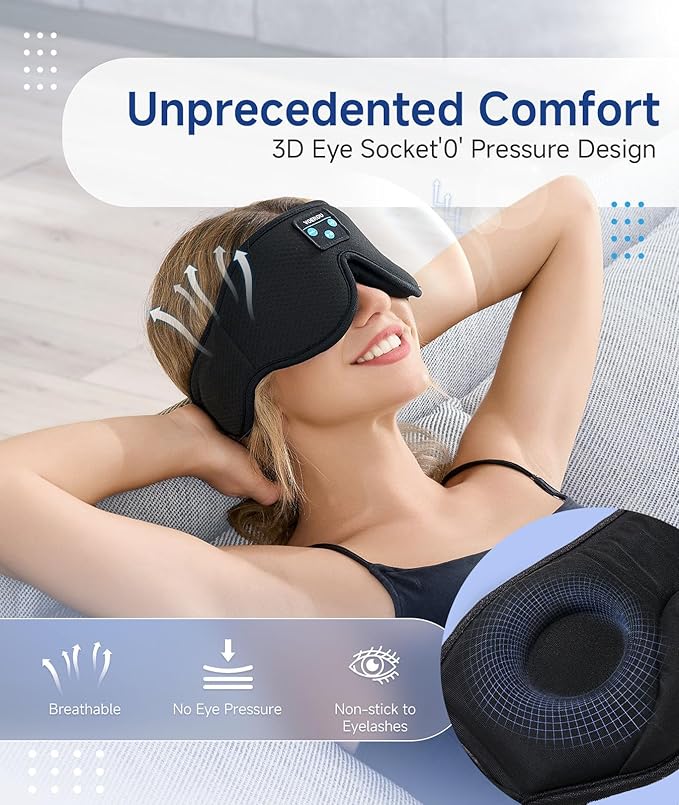 Voerou Sleep Headphones 3D Sleep Mask with Bluetooth, Adjustable Wireless Eye Mask for Sleeping for Women Men, Sleeping Headphone with Ultra-Thin Stereo Speakers Perfect for Sleep Naps - Bloomnest