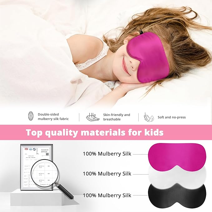 Kids Sleep Mask Eye Cover, 100% Real Natural Pure Silk Eye Mask with Adjustable Strap, Blindfold Kids Eye Mask for Sleeping, Eye Shade for Boys Girls and Adult, Pressure-Free Comfort (Rose red) - Bloomnest