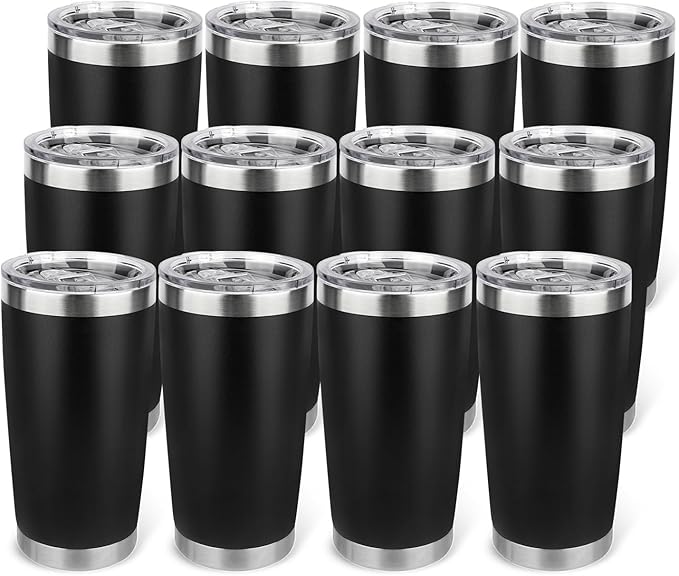 20oz Stainless Steel Tumbler Bulk with Lid, Travel Mug - Double Wall Vacuum Powder Coated Cup - Black, 12 Pack - Bloomnest